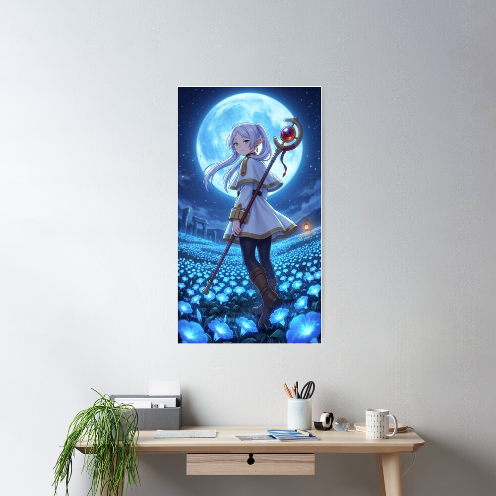 White Haired Elven Mage Anime Illustration Moonlit Blue Flower Fantasy Art Poster - Image 2