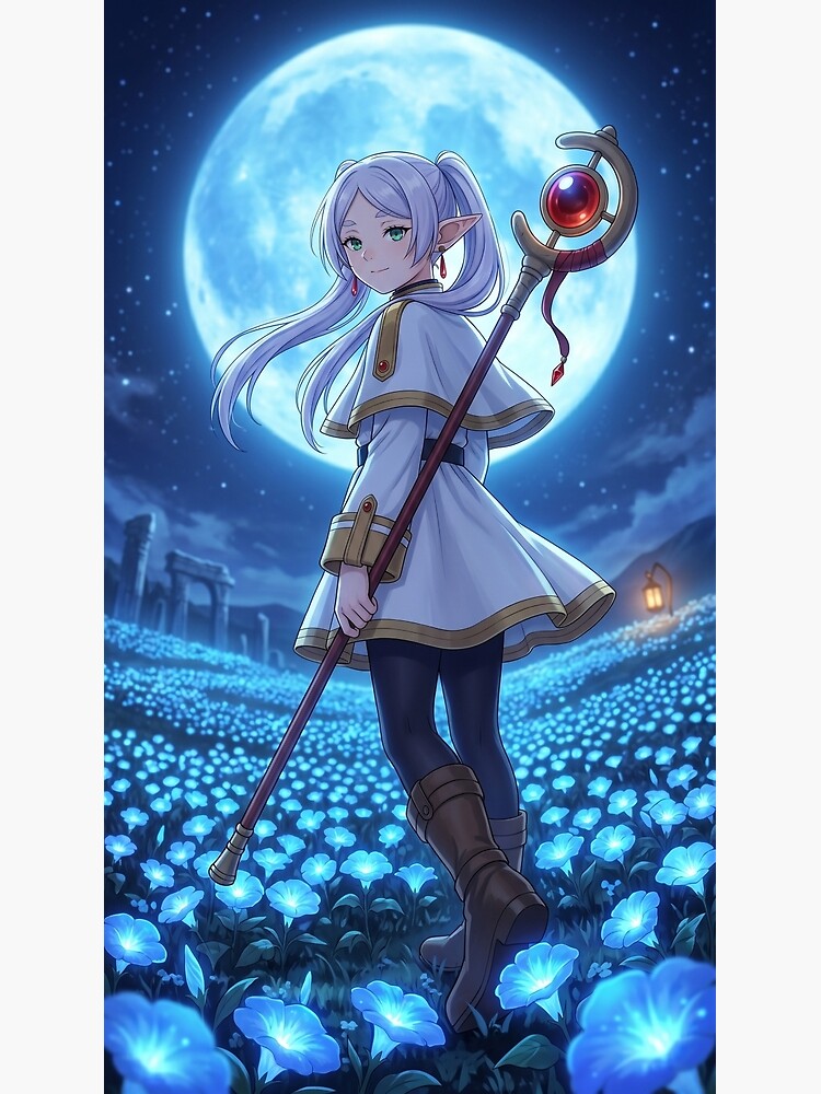 White Haired Elven Mage Anime Illustration Moonlit Blue Flower Fantasy Art Shower Curtain - Image 2