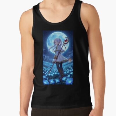 White Haired Elven Mage Anime Illustration Moonlit Blue Flower Fantasy Art Tank Top