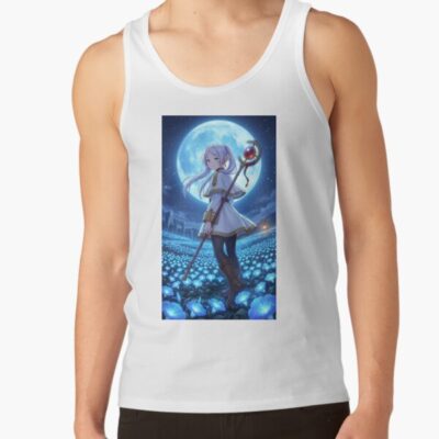 Alternative view of White Haired Elven Mage Anime Illustration Moonlit Blue Flower Fantasy Art Tank Top
