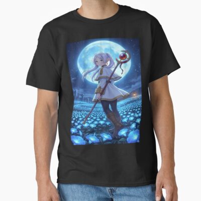 White Haired Elven Mage Anime Illustration Moonlit Blue Flower Fantasy Art T-shirt