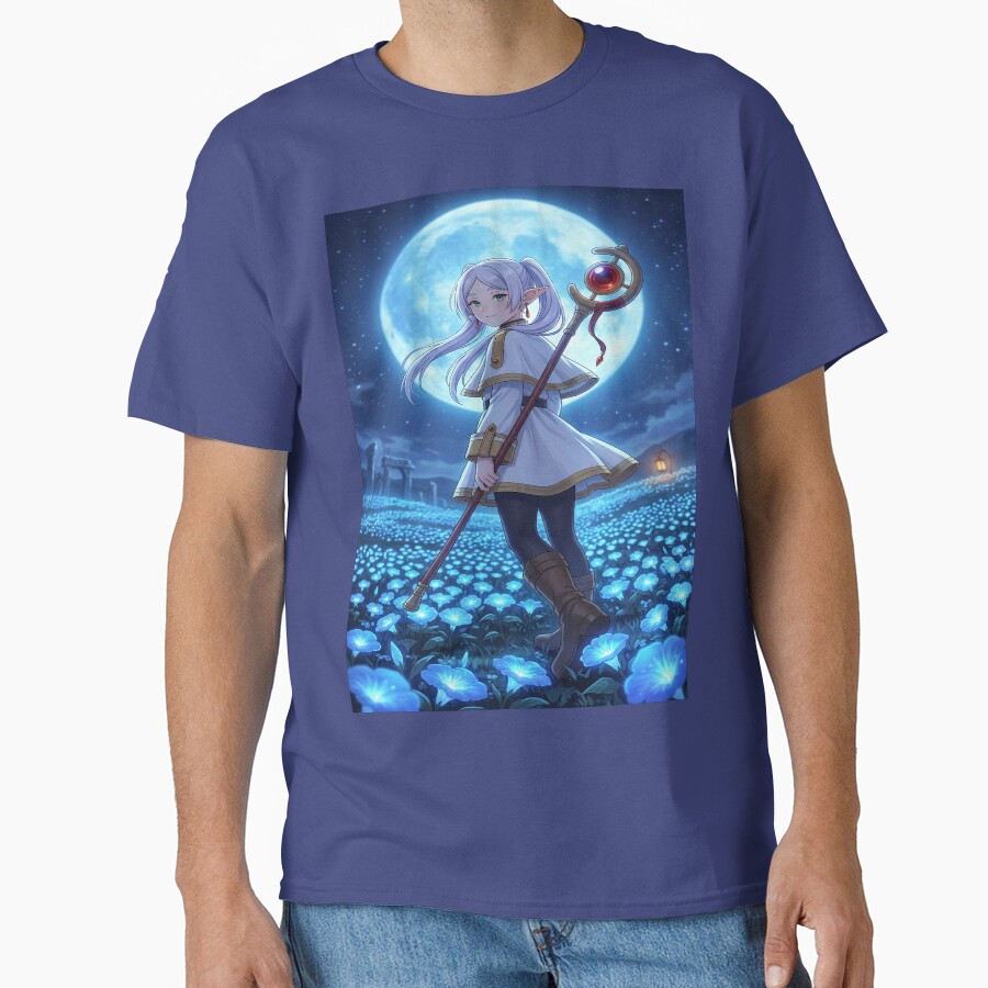 White Haired Elven Mage Anime Illustration Moonlit Blue Flower Fantasy Art T-shirt - Image 4