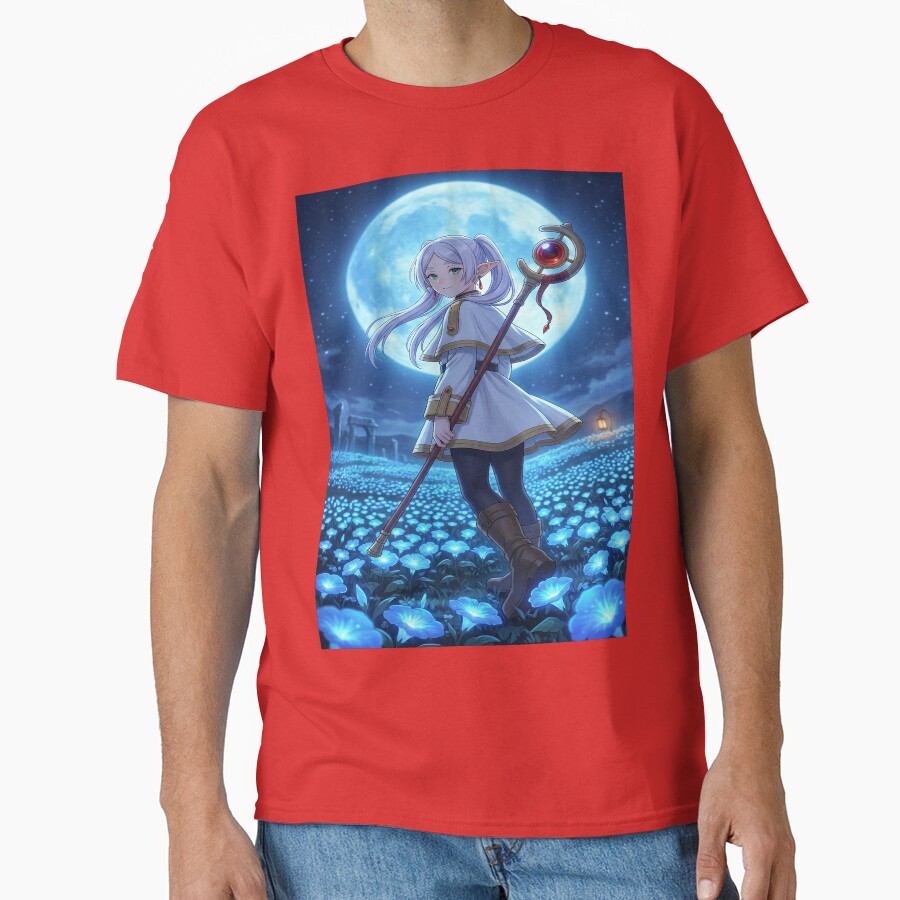 White Haired Elven Mage Anime Illustration Moonlit Blue Flower Fantasy Art T-shirt - Image 5