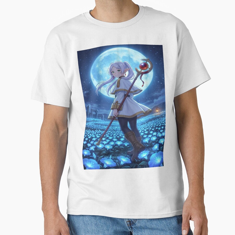 White Haired Elven Mage Anime Illustration Moonlit Blue Flower Fantasy Art T-shirt - Image 2