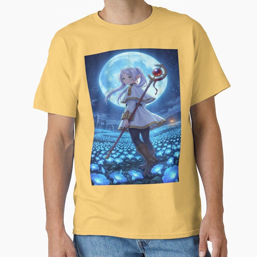 White Haired Elven Mage Anime Illustration Moonlit Blue Flower Fantasy Art T-shirt - Image 6