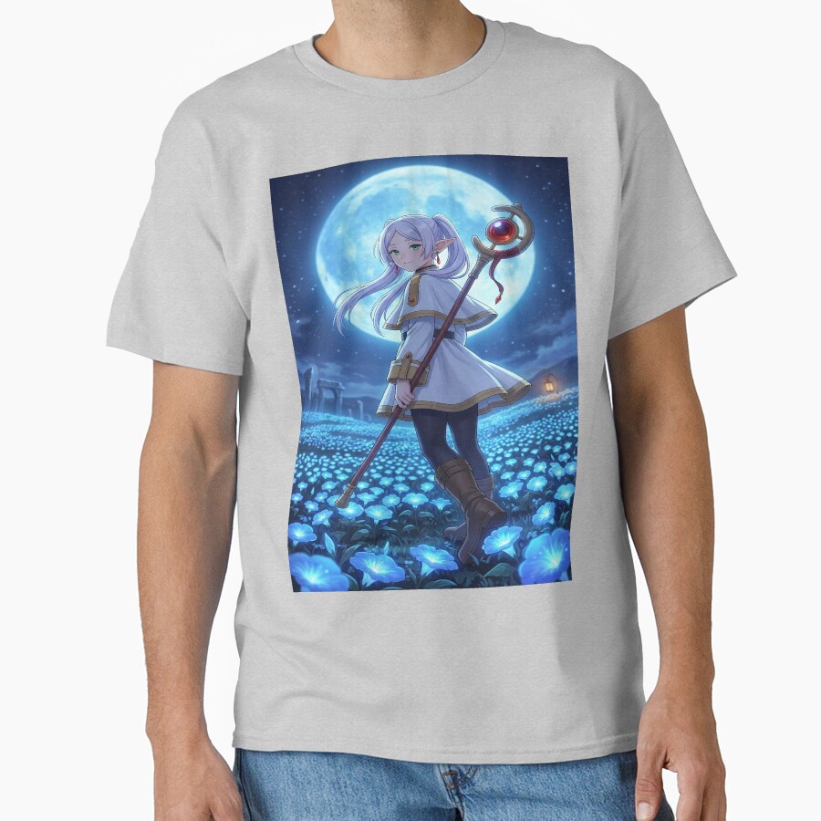 White Haired Elven Mage Anime Illustration Moonlit Blue Flower Fantasy Art T-shirt - Image 3