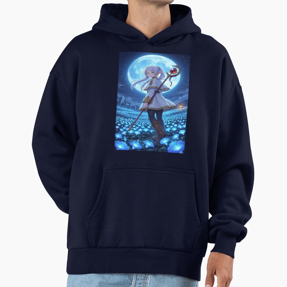 White Haired Elven Mage Anime Illustration Moonlit Blue Flower Fantasy Art Hoodie - Image 5