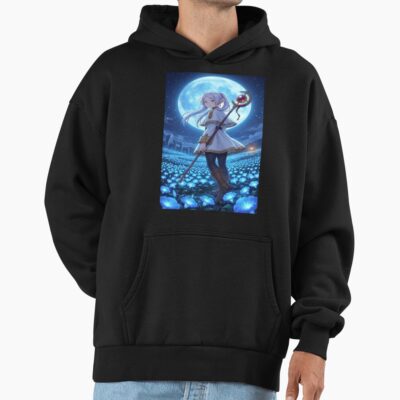 White Haired Elven Mage Anime Illustration Moonlit Blue Flower Fantasy Art Hoodie
