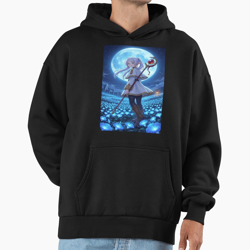 White Haired Elven Mage Anime Illustration Moonlit Blue Flower Fantasy Art Hoodie