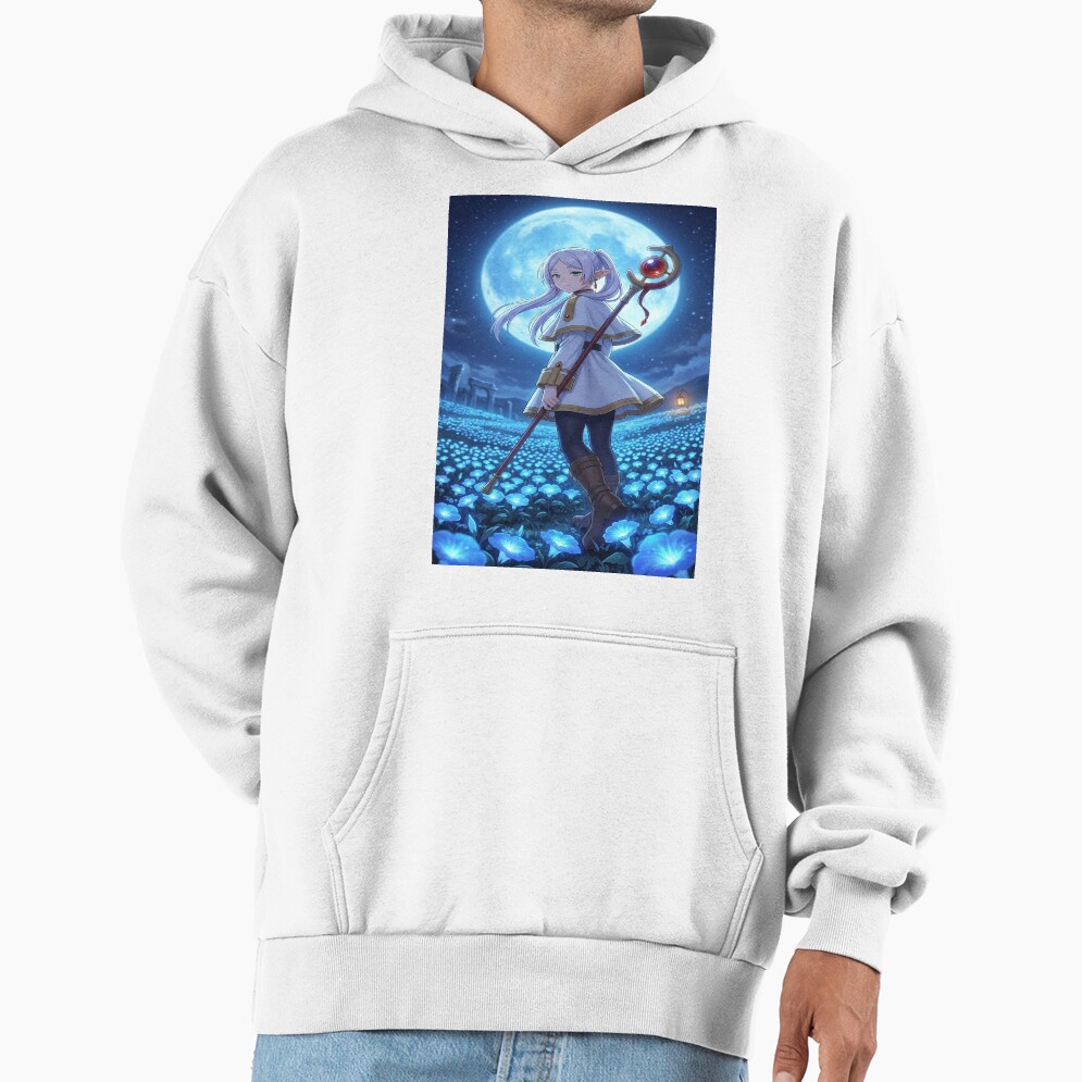 White Haired Elven Mage Anime Illustration Moonlit Blue Flower Fantasy Art Hoodie - Image 2