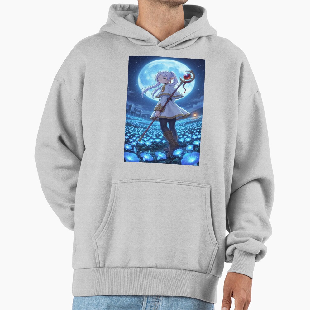 White Haired Elven Mage Anime Illustration Moonlit Blue Flower Fantasy Art Hoodie - Image 4