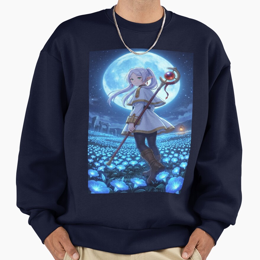 White Haired Elven Mage Anime Illustration Moonlit Blue Flower Fantasy Art Sweatshirt - Image 5