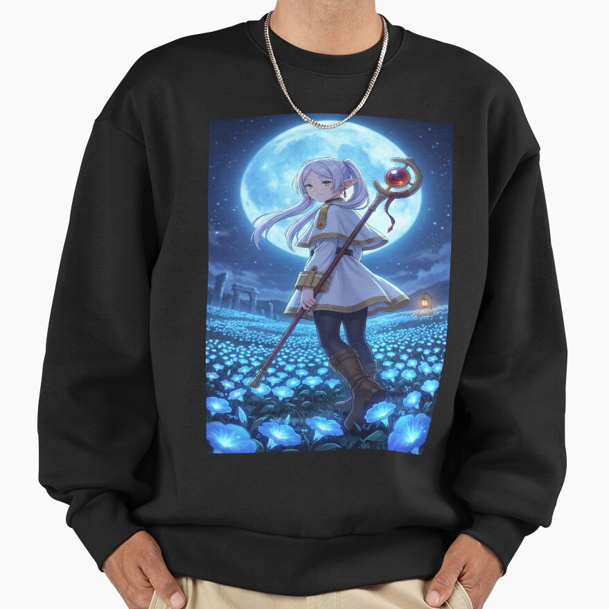 White Haired Elven Mage Anime Illustration Moonlit Blue Flower Fantasy Art Sweatshirt - Image 3