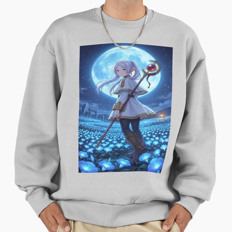 White Haired Elven Mage Anime Illustration Moonlit Blue Flower Fantasy Art Sweatshirt