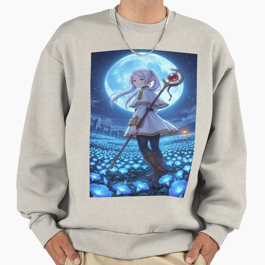 White Haired Elven Mage Anime Illustration Moonlit Blue Flower Fantasy Art Sweatshirt - Image 4