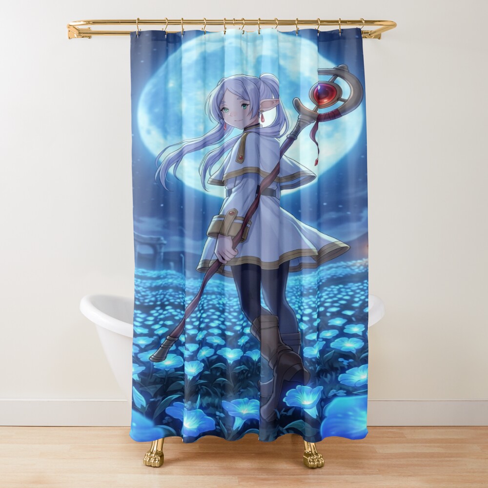 White Haired Elven Mage Anime Illustration Moonlit Blue Flower Fantasy Art Shower Curtain